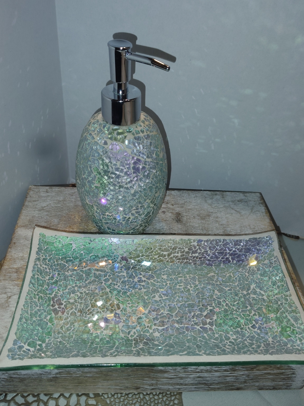 Iridescent Glass Mosaic Soap Dispenser and Tray - Green